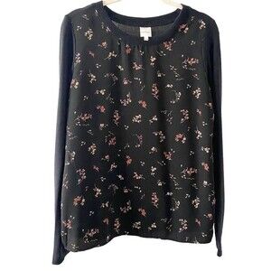 Kaileigh Mixed Media Fabric Black Fleece Floral Print Crew Neck Sweater S